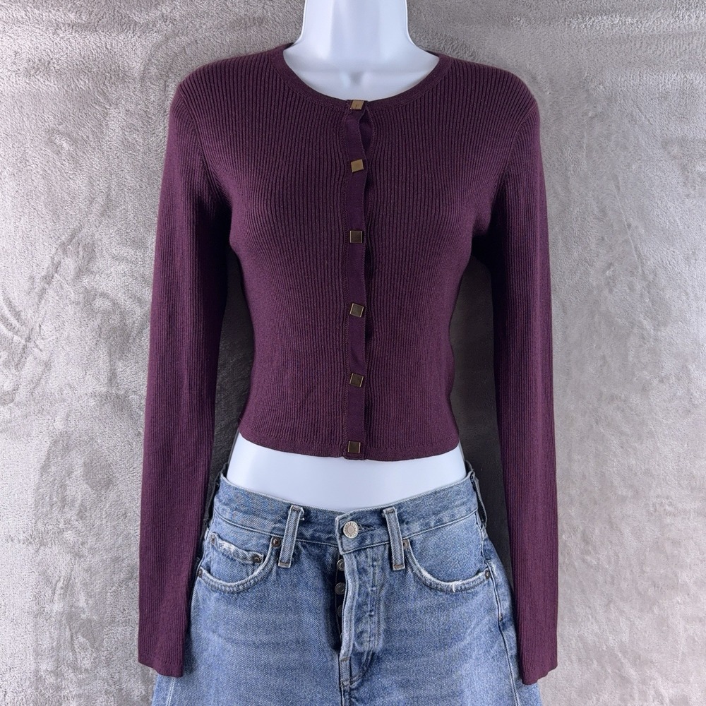 Magaschoni Crop Cardigan Womens Size‎ XS Purple Silk Cashmere Ribbed
